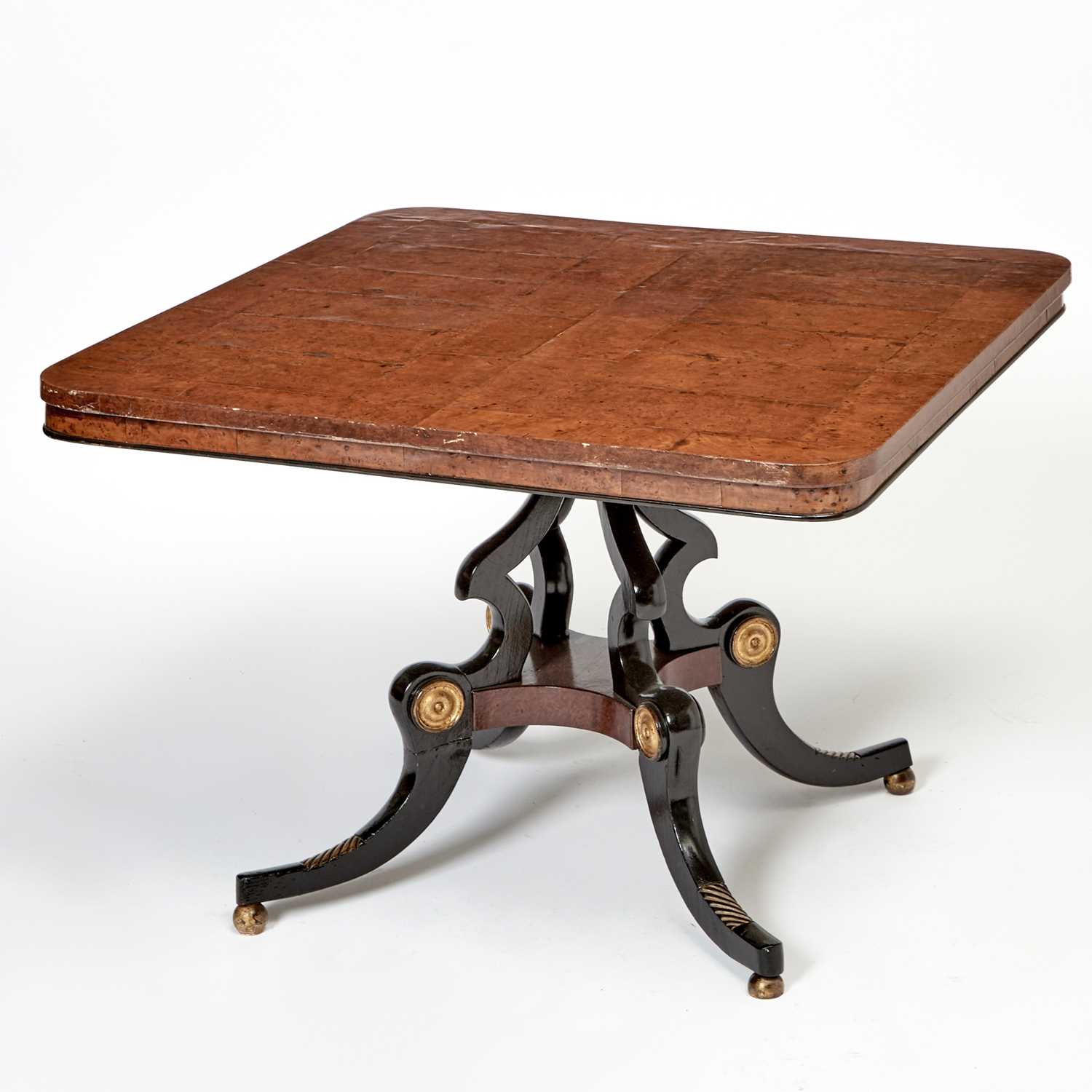 Lot 163 - Regency Style Part Ebonized Burlwood, Parcel-Gilt and Mahogany Center Table