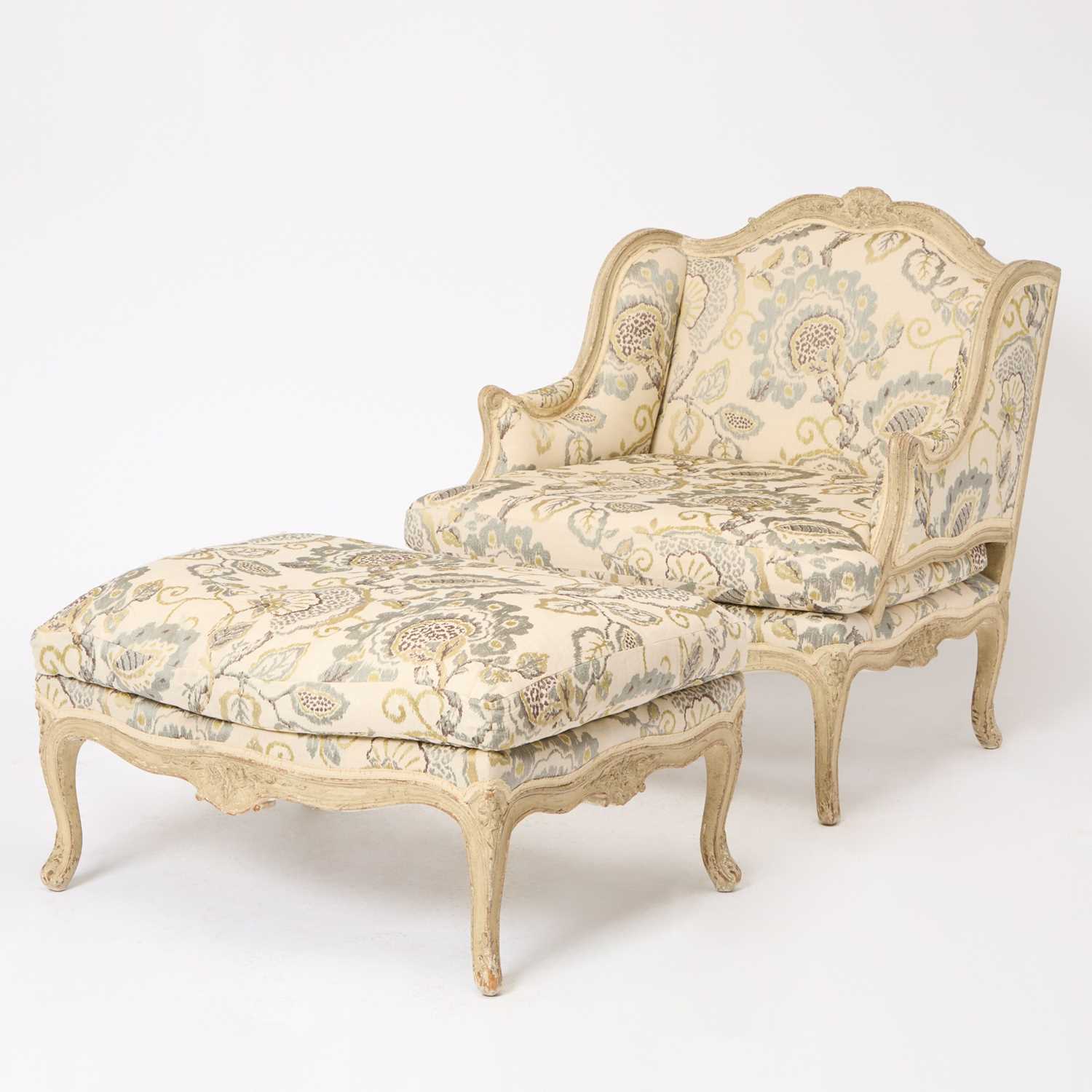 Lot 287 - Louis XV Style Painted Upholstered Marquise Chair and Ottoman