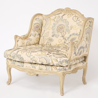 Lot 287 - Louis XV Style Painted Upholstered Marquise Chair and Ottoman