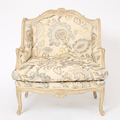 Lot 287 - Louis XV Style Painted Upholstered Marquise Chair and Ottoman