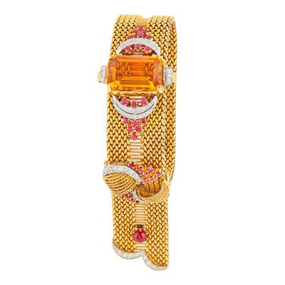 Lot 131 - Gold, Platinum, Citrine, Diamond, and Ruby Mesh Slide Bracelet