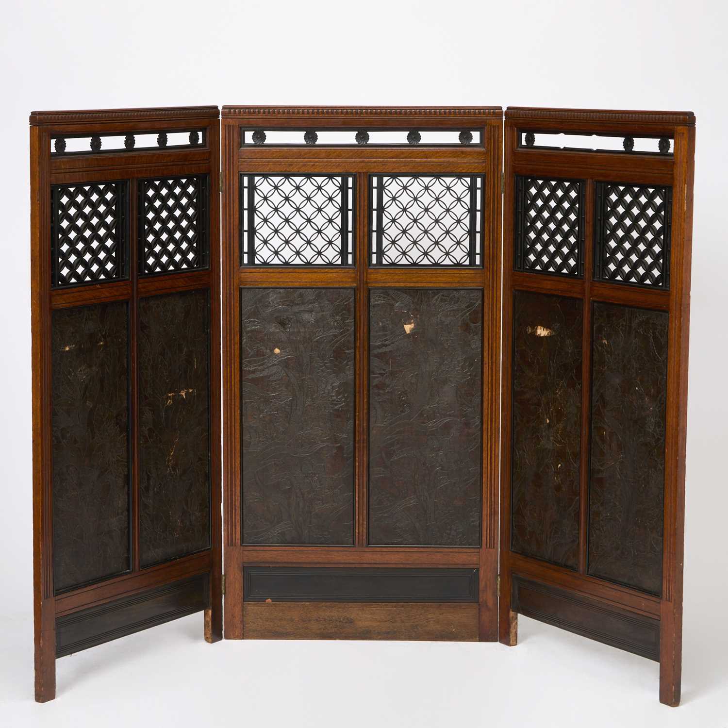 Lot 136 - Aesthetic Movement Mahogany and Leather Three-Fold Screen