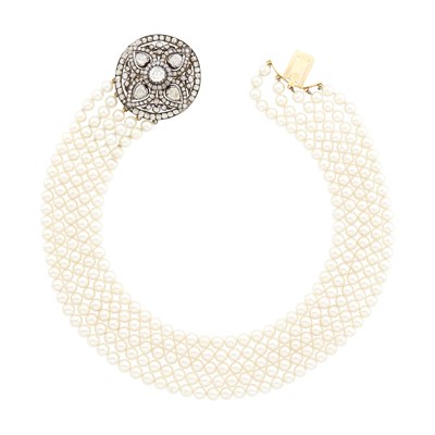 Lot 80 - Five Strand Cultured Pearl Necklace with Antique Silver, Gold and Diamond Clasp