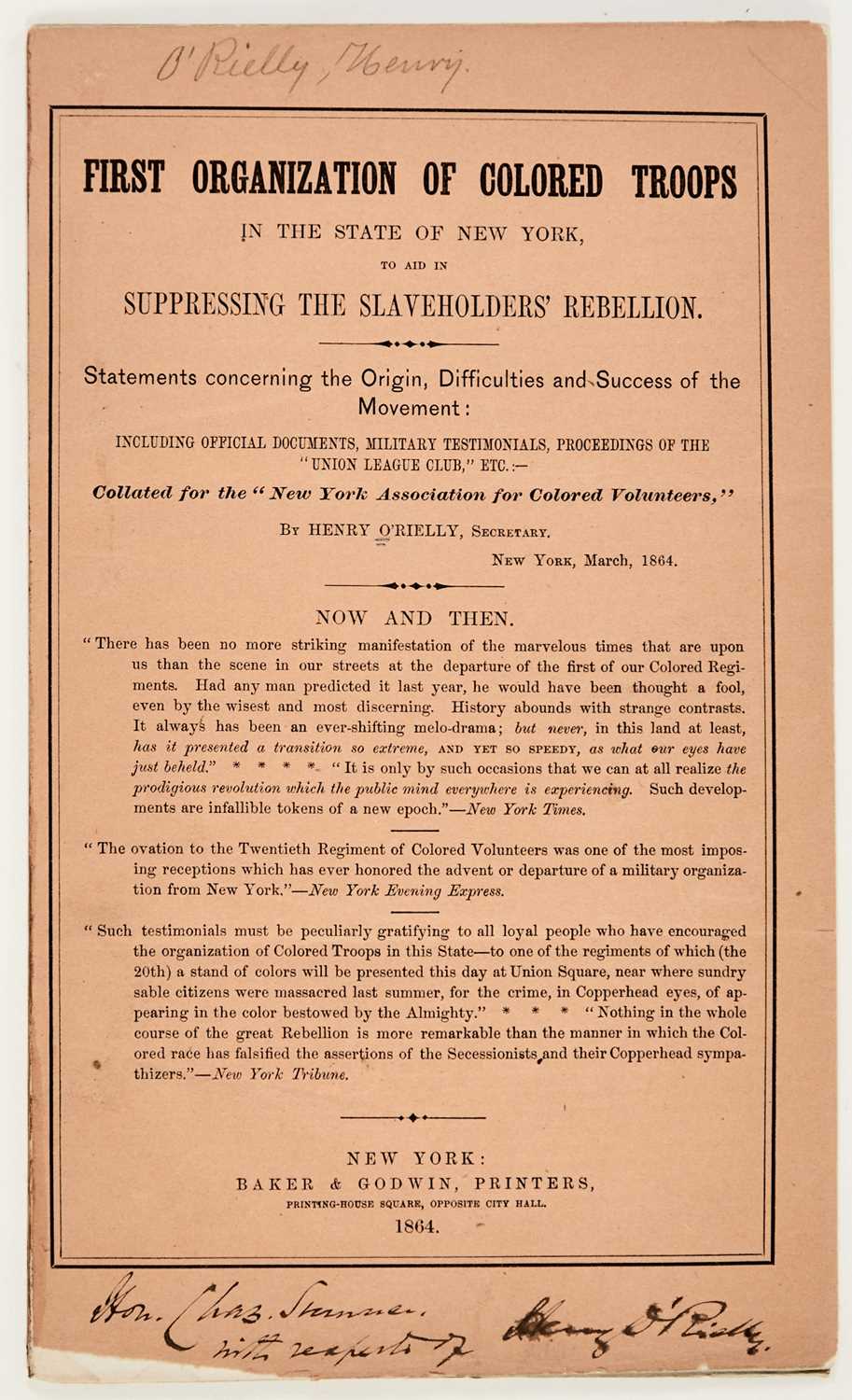 Lot 35 - A pamphlet on the first regiments of colored troops from New York, inscribed to Charles Sumner