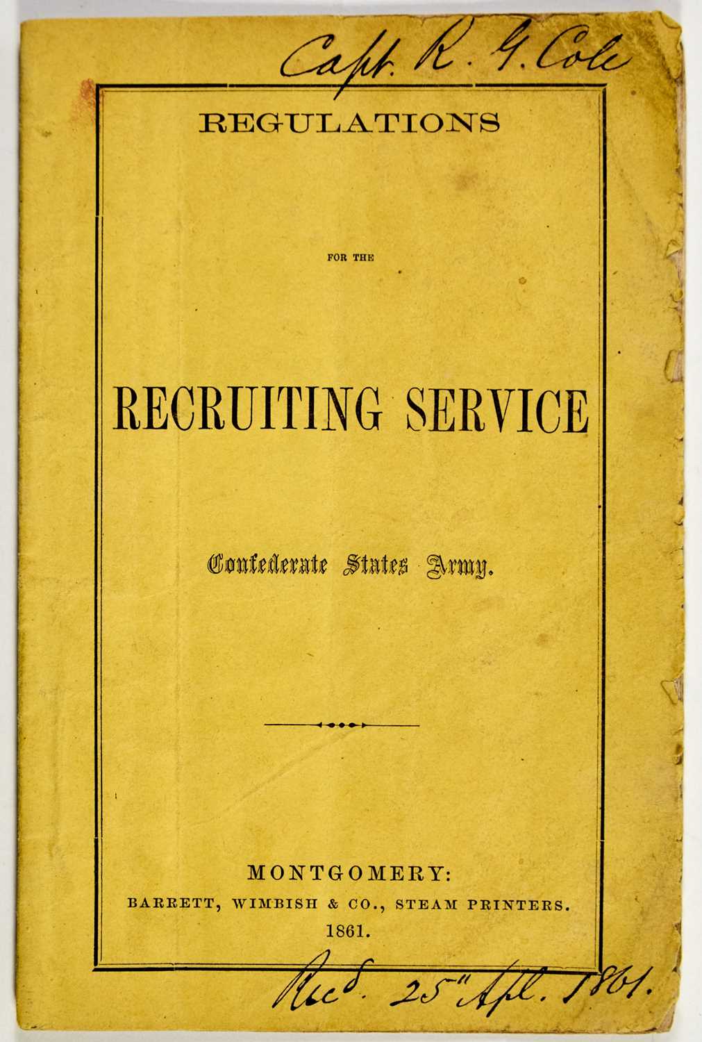 Lot 21 - A very early Confederate recruiting manual belonging to the chief commissary in Lee's Army
