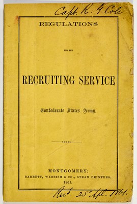 Lot 21 - A very early Confederate recruiting manual belonging to the chief commissary in Lee's Army