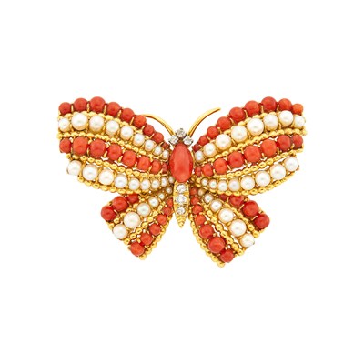 Lot 113 - Van Cleef Gold, Coral, Cultured Pearl and Diamond Butterfly Brooch, France