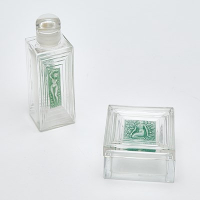 Lot 288 - Two R. Lalique Molded Glass "Duncan" Pattern Toiletry Articles Falcon No. 4 and Duncan Square Box