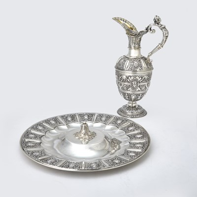 Lot 114 - Victorian Sterling Silver "Cellini" Pattern Ewer and Stand