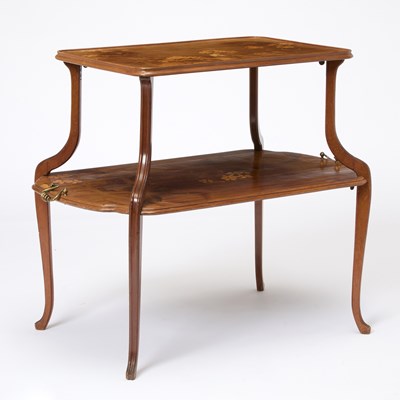 Lot 242 - Attributed to Louis Majorelle Art Nouveau Marquetry Inlaid Fruitwood Two-Tier Table