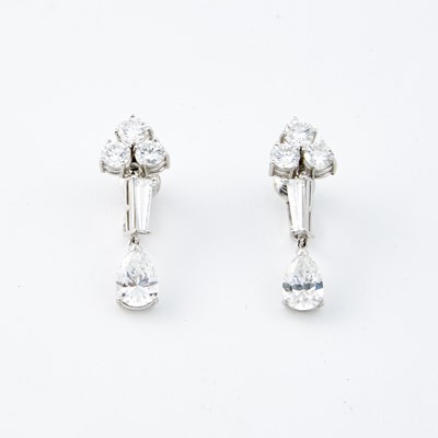 Lot 66 - Two Diamond Earrings, 10 diamonds, 2 stones about 2.95 cts., 6 stones about 2.10 cts., 2 stones about 0.50 ct., 14K 5 dwt.