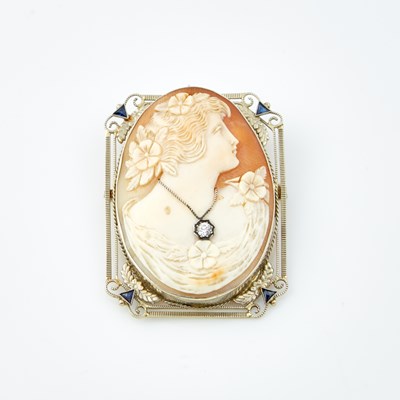 Lot 494 - Diamond and Stone Cameo Pin, 14K