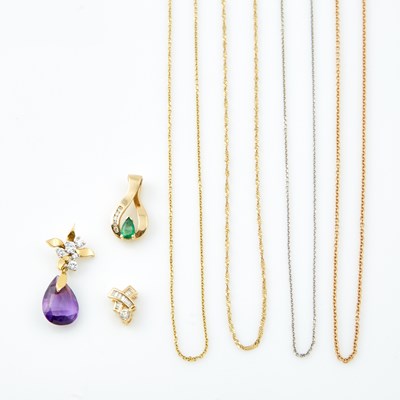 Lot 500 - Three Diamond and Stone Pendants and Four Gold Neck Chains, 18K 2 dwt. and 14K 6 dwt. all