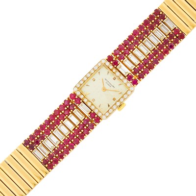 Lot 1117 - Patek Philippe Gold and Diamond Watch, Ref. 2076, with Gold, Ruby and Diamond Bracelet