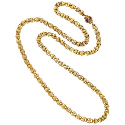 Lot 47 - Antique Long Gold Muff Chain with Gold, Cabochon Amethyst and Split Pearl Clasp