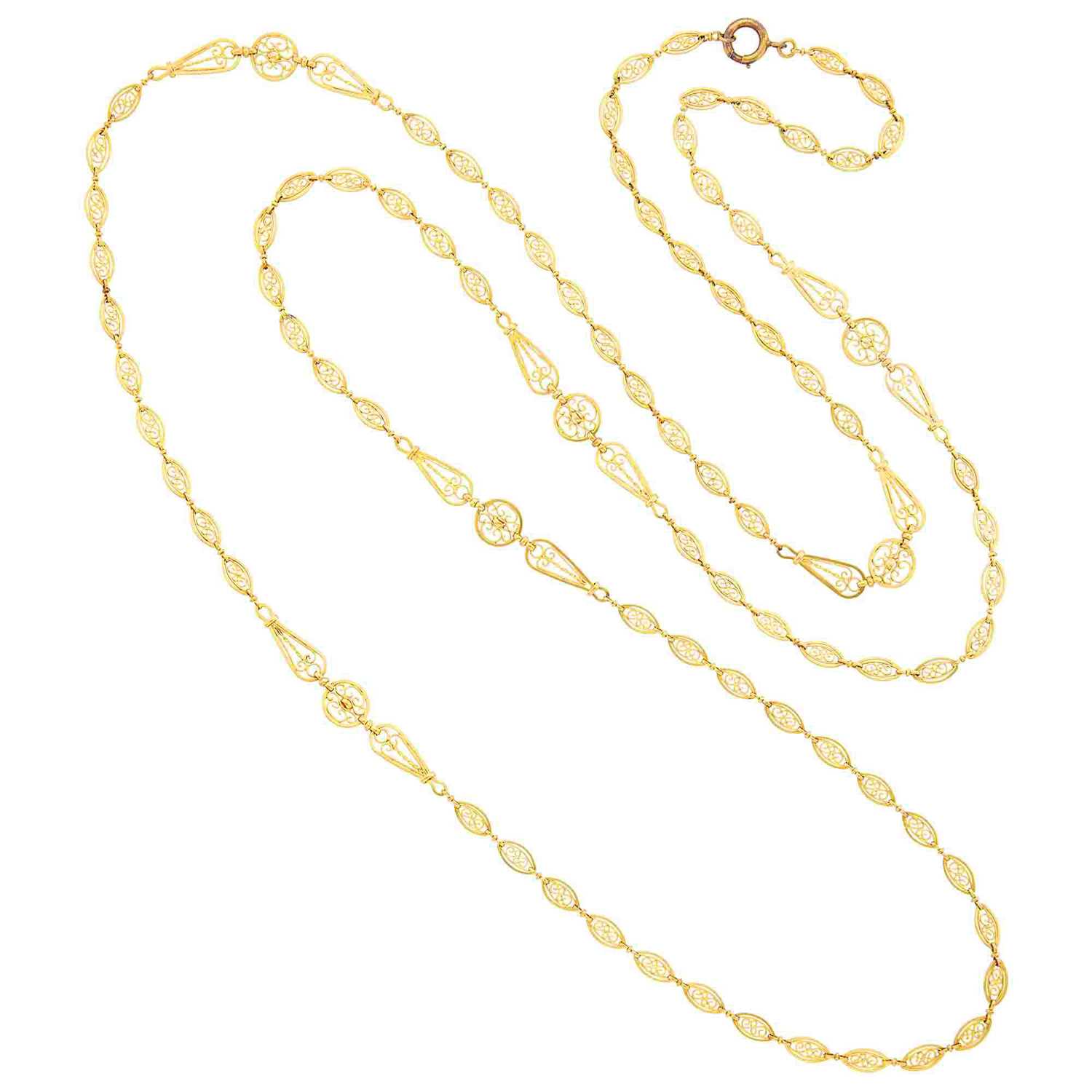 Lot 49 - Antique Long Gold Filigree Link Necklace, France