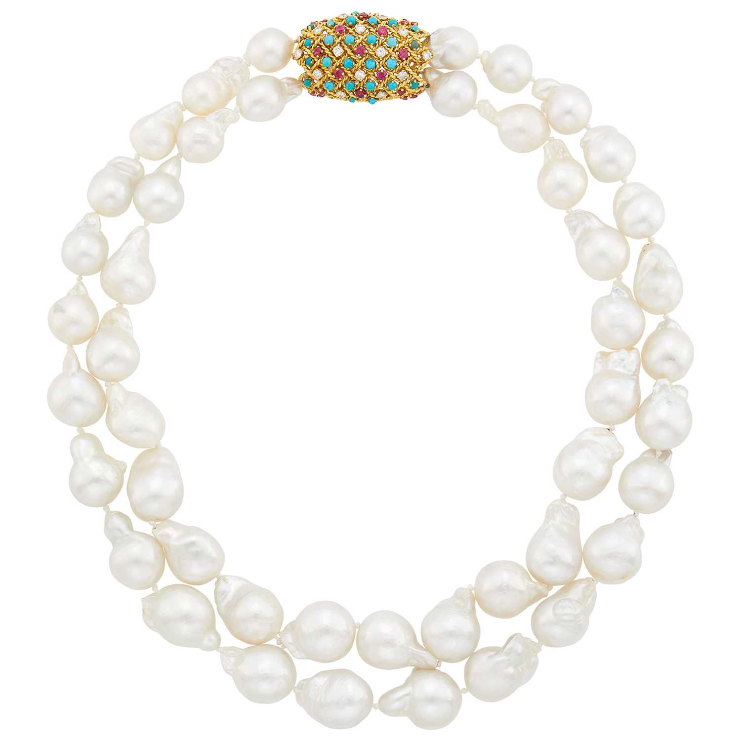 Lot 23 - Double Strand Baroque South Sea Cultured Pearl Necklace with Gold, Turquoise, Synthetic Ruby and Diamond Clasp