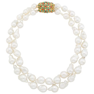Lot 23 - Double Strand Baroque South Sea Cultured Pearl Necklace with Gold, Turquoise, Synthetic Ruby and Diamond Clasp