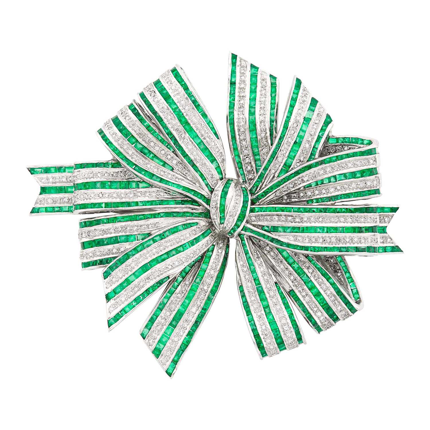 Lot 1092 - Oversized White Gold, Emerald and Diamond Bow Clip-Brooch