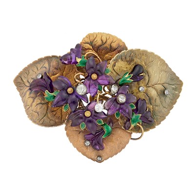 Lot 48 - Antique Two-Color Gold, Platinum, Cabochon Amethyst, Diamond and Green Enamel Memoriam Brooch