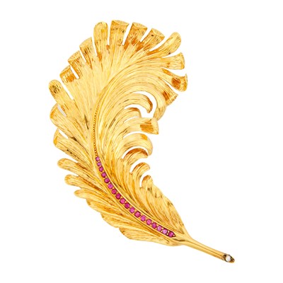 Lot 1036 - Oversized Gold, Ruby and Diamond Feather Brooch