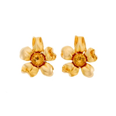 Lot 1030 - Pair of Gold and Citrine Flower Earclips