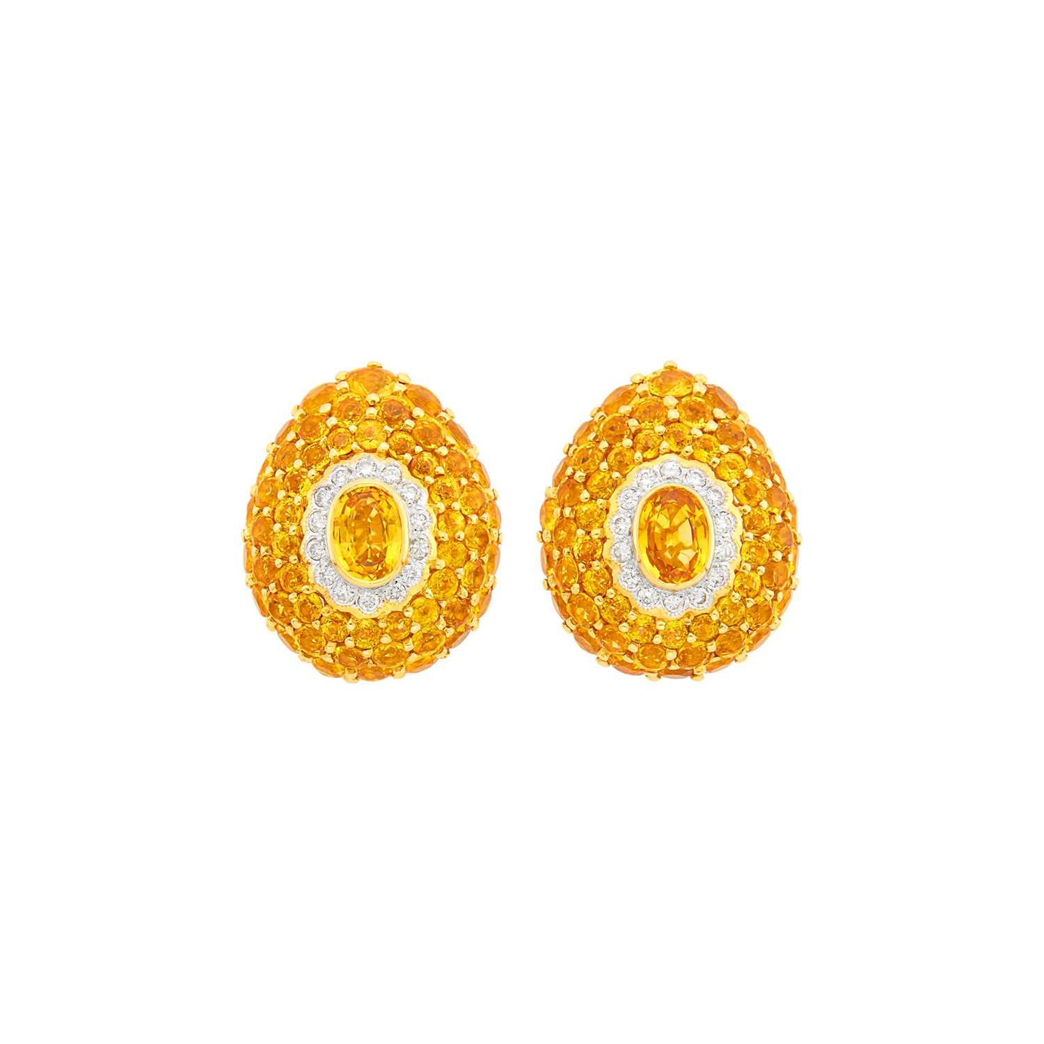 Lot 145 - Pair of Two-Color Gold, Yellow Sapphire and Diamond Earclips