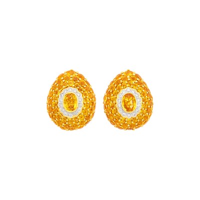 Lot 145 - Pair of Two-Color Gold, Yellow Sapphire and Diamond Earclips
