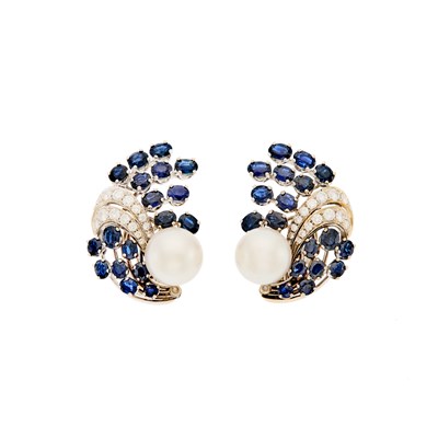 Lot 1121 - Pair of White Gold, South Sea Cultured Pearl, Sapphire and Diamond Earclips