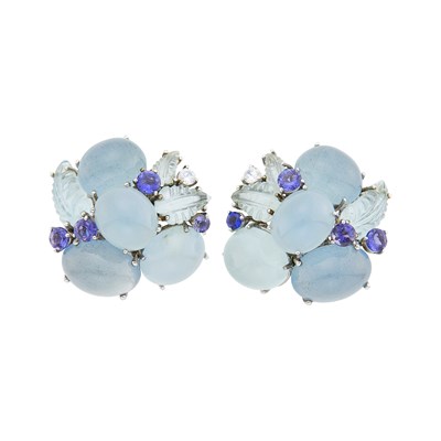 Lot 1276 - Pair of White Gold, Cabochon and Carved Aquamarine, Tanzanite and Simulated Diamond Earclips