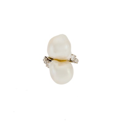 Lot 1167 - White Gold, Baroque Cultured Pearl and Diamond Ring, France