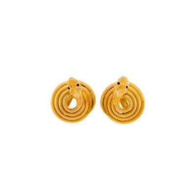 Lot 2121 - Pair of Gold and Garnet Snake Earclips