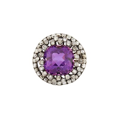 Lot 1064 - Antique Silver, Gold, Amethyst and Diamond Brooch