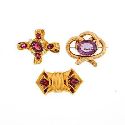 Lot 2170 - Group of Gold, Low Karat Gold, Amethyst, Rhodolite, Garnet and Synthetic Spinel Brooches