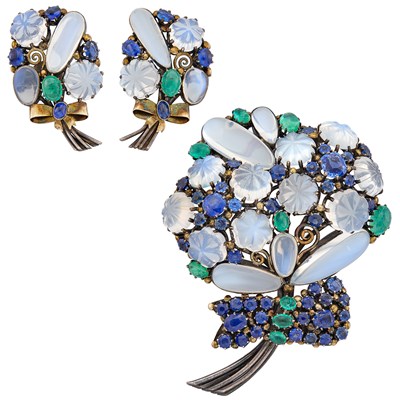 Lot 77 - Silver, Gold, Moonstone, Sapphire and Emerald Bouquet Brooch and Pair of Earclips