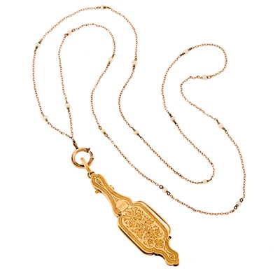 Lot 1173 - Antique Gold Lorgnette, France, with Gilt-Metal and Freshwater Pearl Chain Necklace