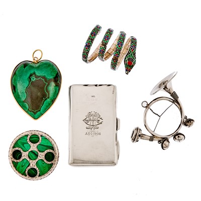 Lot 1208 - Group of Silver, Gold, Malachite, Agate and Enamel Jewelry and Objects