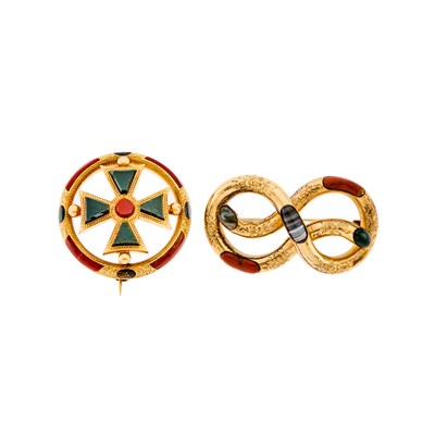 Lot 2077 - Two Silver-Gilt and Scottish Agate Brooches