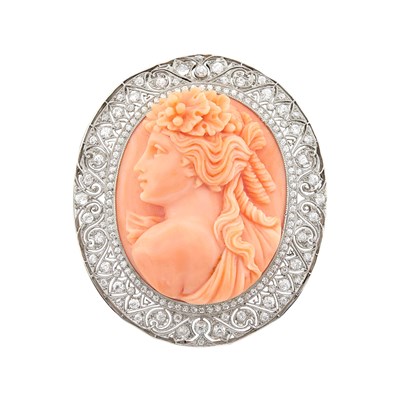 Lot 92 - Platinum, Angel Skin Coral Cameo and Diamond Pendant-Brooch