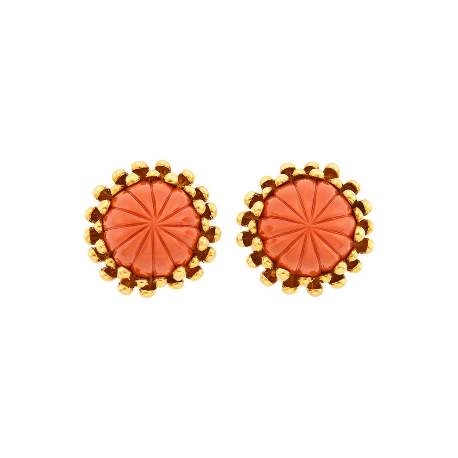 Lot 163 - David Webb Pair of Gold and Carved Coral Earclips