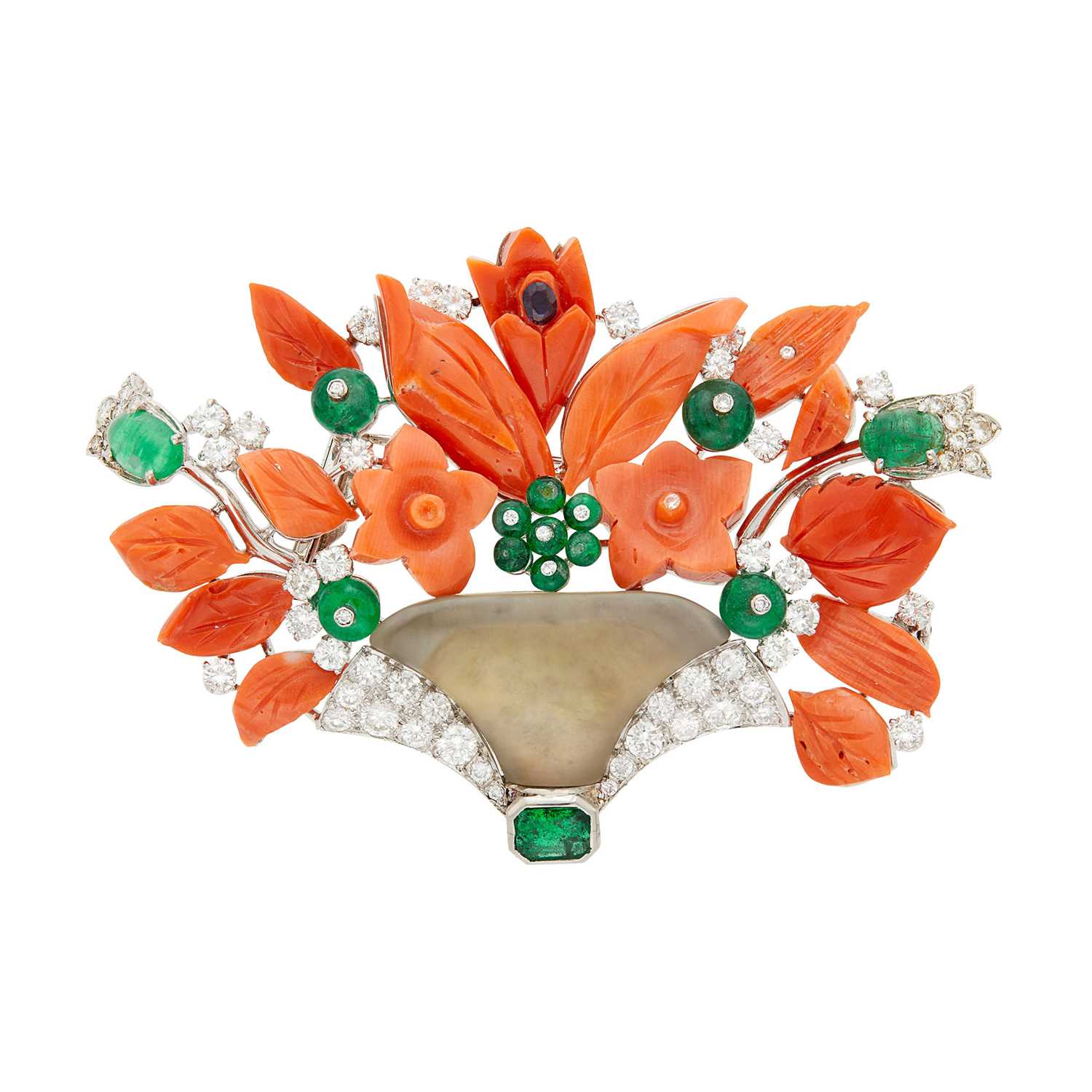 Lot 126 - Platinum, Frosted Rock Crystal, Carved Coral, Diamond and Emerald Bouquet Clip-Brooch