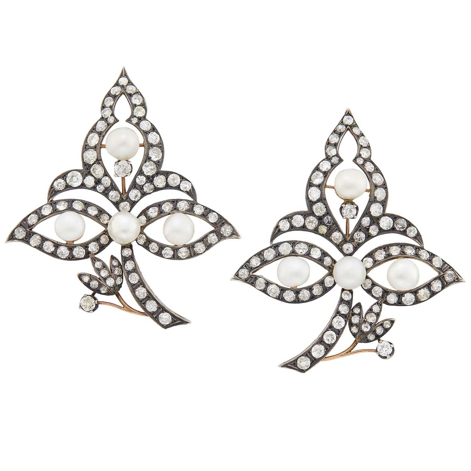 Lot 79 - Pair of Silver, Gold, Freshwater Pearl and Diamond Leaf Brooches
