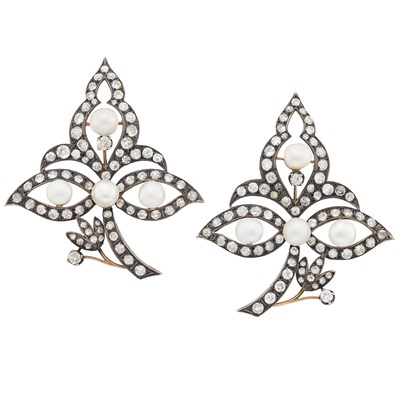 Lot 79 - Pair of Silver, Gold, Freshwater Pearl and Diamond Leaf Brooches