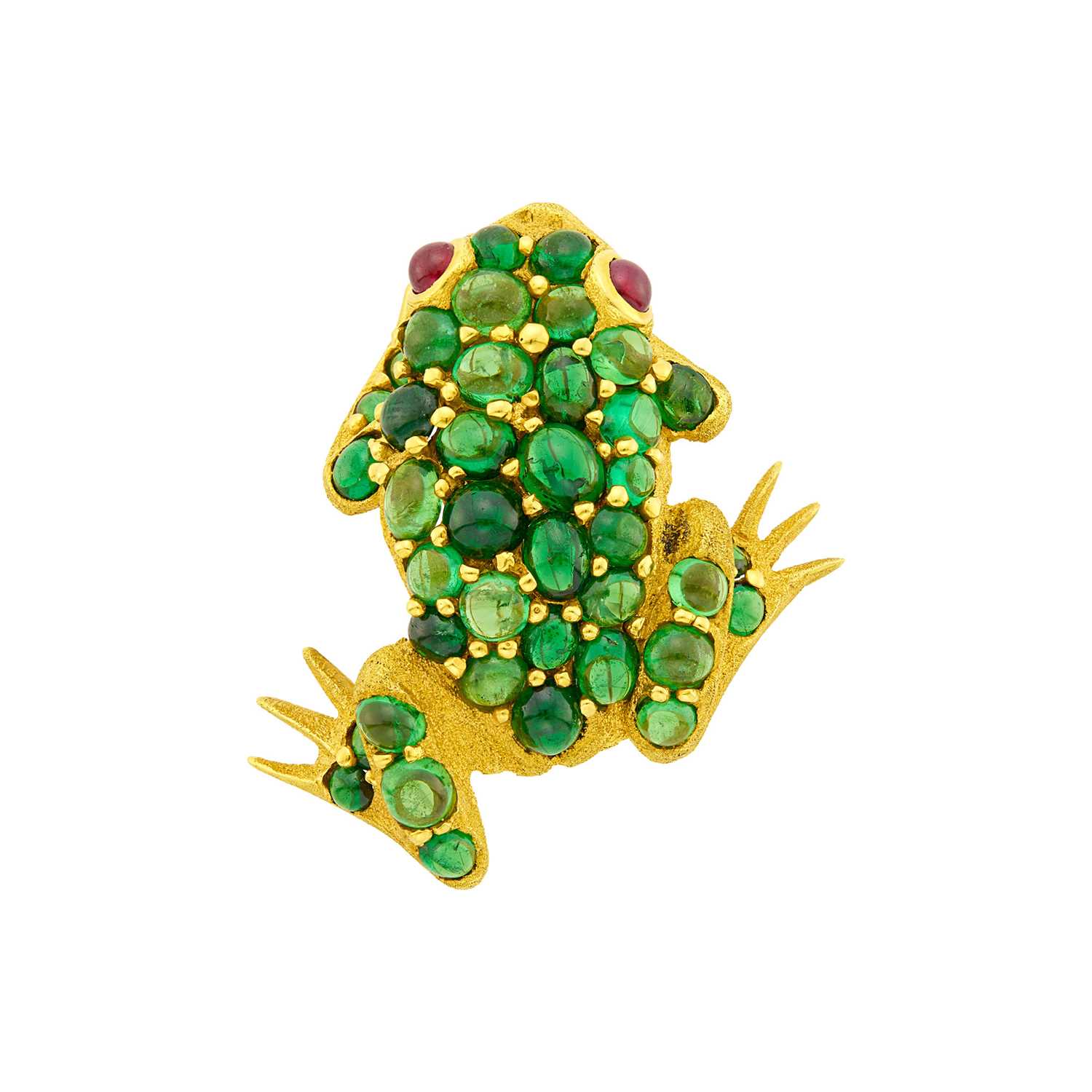 Lot 129 - Zadora Gold, Cabochon Tsavorite Garnet and Ruby Frog Clip-Brooch
