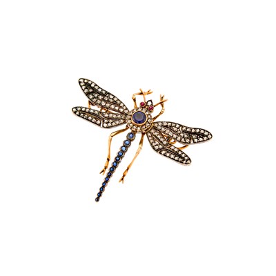 Lot 1165 - Silver, Low Karat Gold, Sapphire and Diamond Dragonfly Brooch