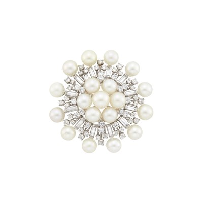 Lot 124 - Platinum, Cultured Pearl and Diamond Brooch
