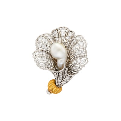 Lot 146 - Buccellati Two-Color Gold, Baroque Cultured Pearl and Diamond Flower Clip
