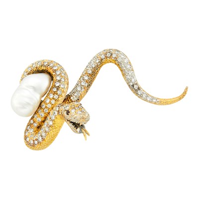 Lot 26 - Gold, Baroque Cultured Pearl and Diamond Snake Brooch