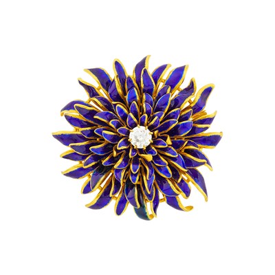 Lot 166 - Gold, Blue Enamel and Diamond Flower Pendant-Brooch