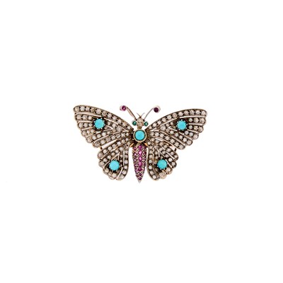 Lot 1162 - Silver, Gold, Turquoise, Ruby, Emerald and Diamond 'En Tremblant' Butterfly Brooch